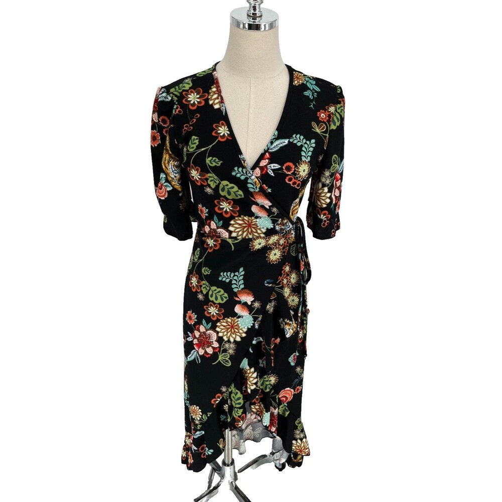 Haute Project Women's Wrap Dress Size Medium Black Floral Tiger Boho Midi